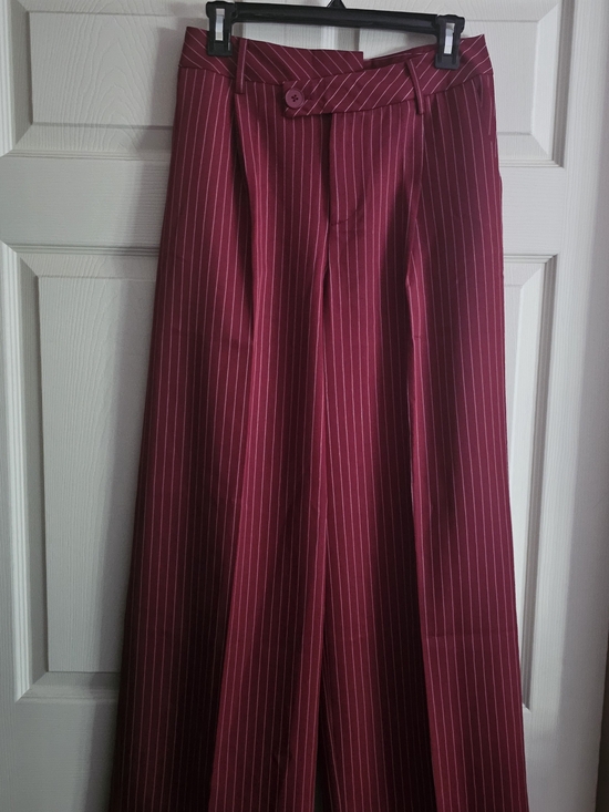 Commense Pants - High-Waist Burgundy Pinstripe Wide Leg Pants